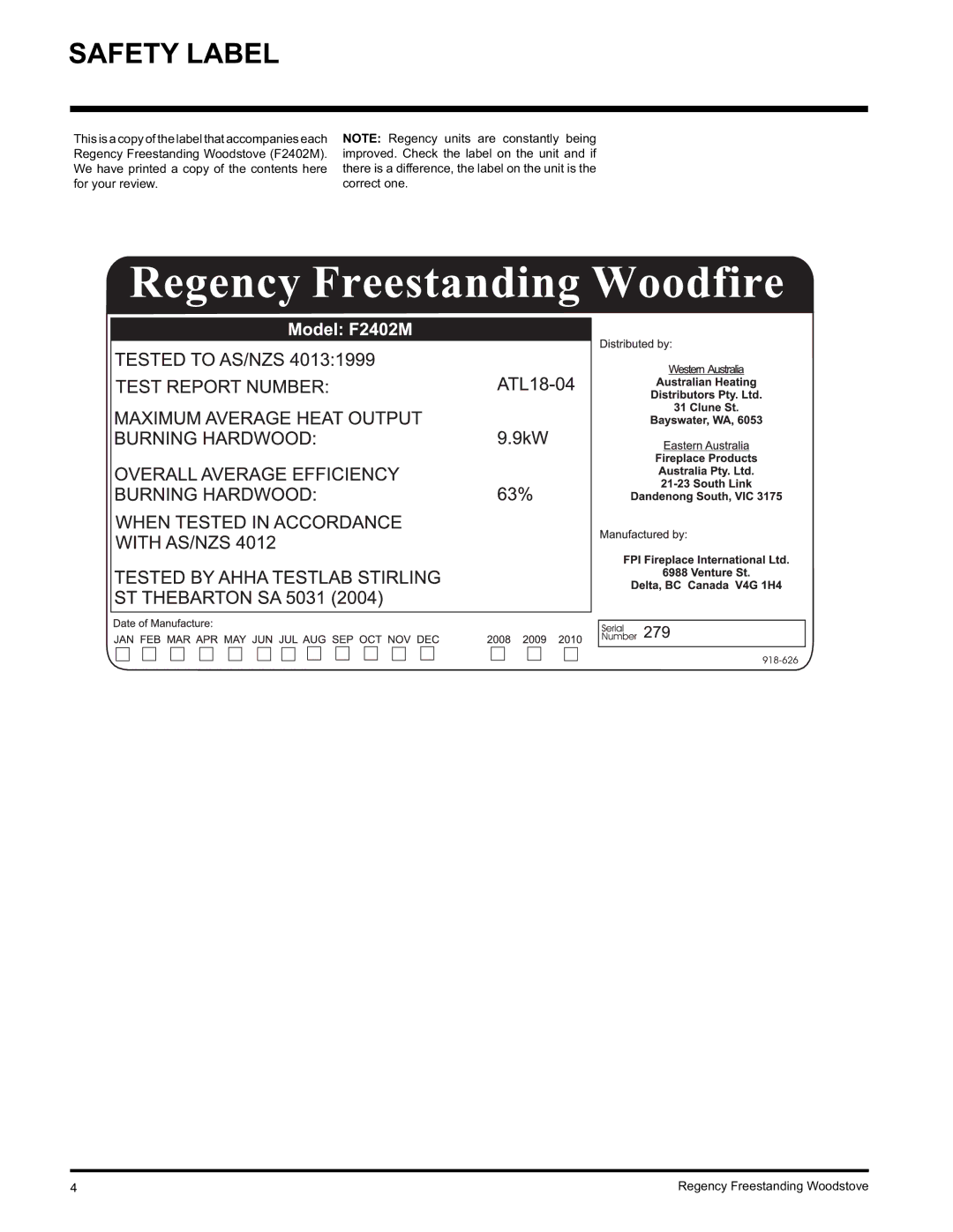 Regency F2402M manual Safety Label 