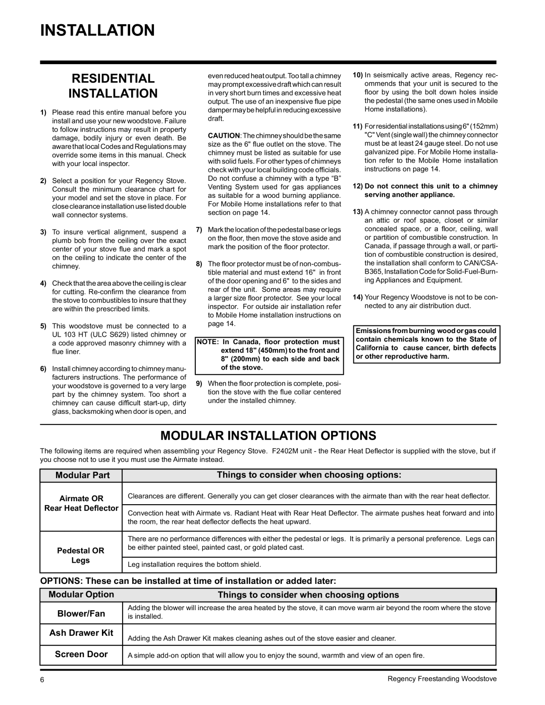 Regency F2402M manual Residential Installation, Modular Installation Options 