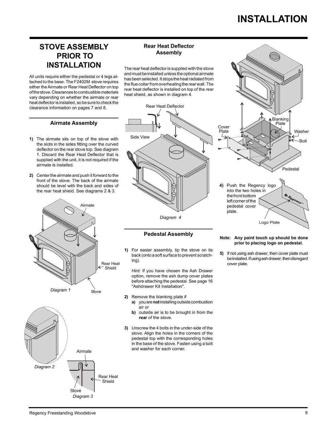 Regency F2402M Stove Assembly Prior to Installation, Rear Heat Deﬂector Assembly, Airmate Assembly, Pedestal Assembly 