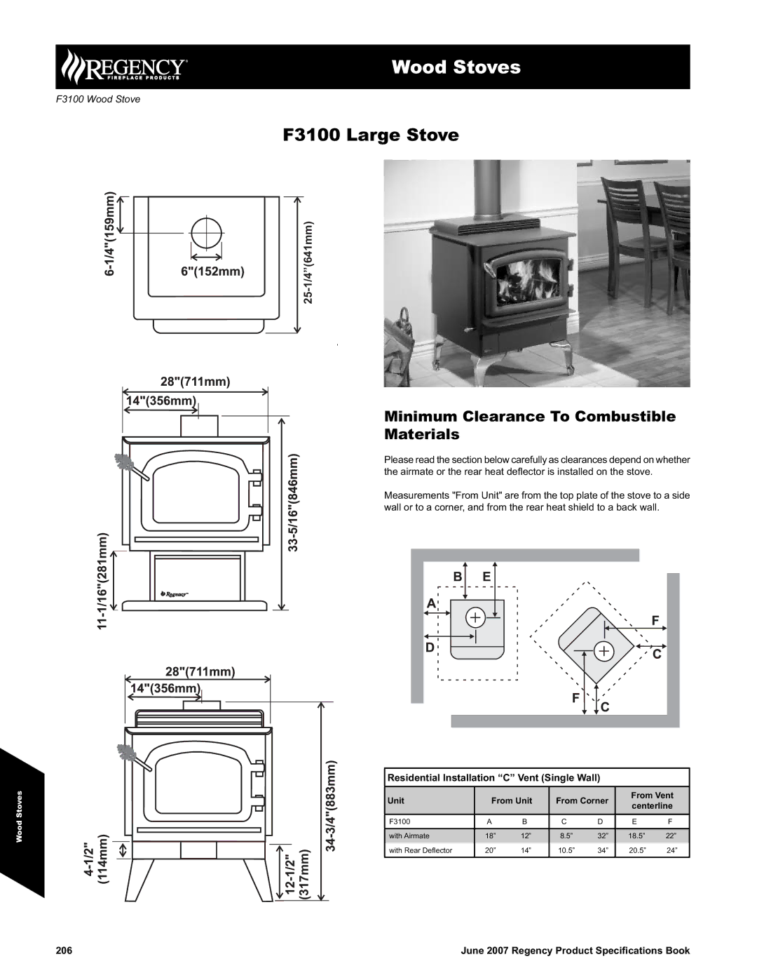 Regency specifications Wood Stoves, F3100 Large Stove, Minimum Clearance To Combustible Materials 