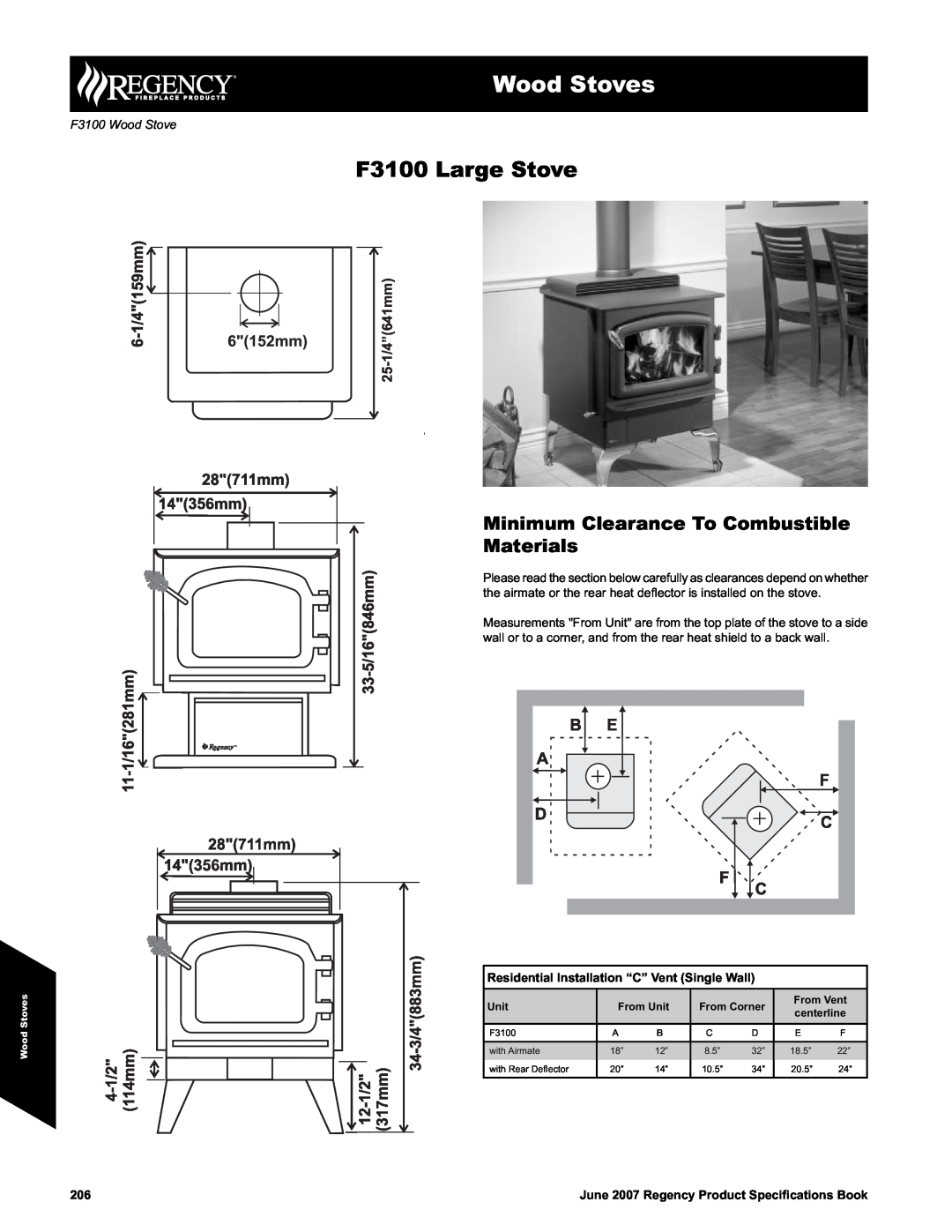 Regency specifications Wood Stoves, Minimum Clearance To Combustible Materials, F3100 Wood Stove, F3100 Large Stove 