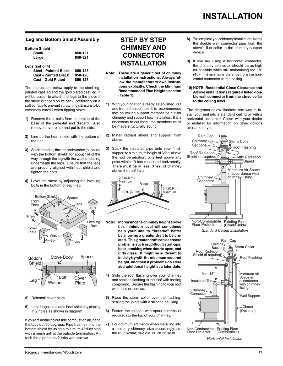 Regency S3100L, F3100L, F1100S Step by Step Chimney Connector Installation, Leg and Bottom Shield Assembly 