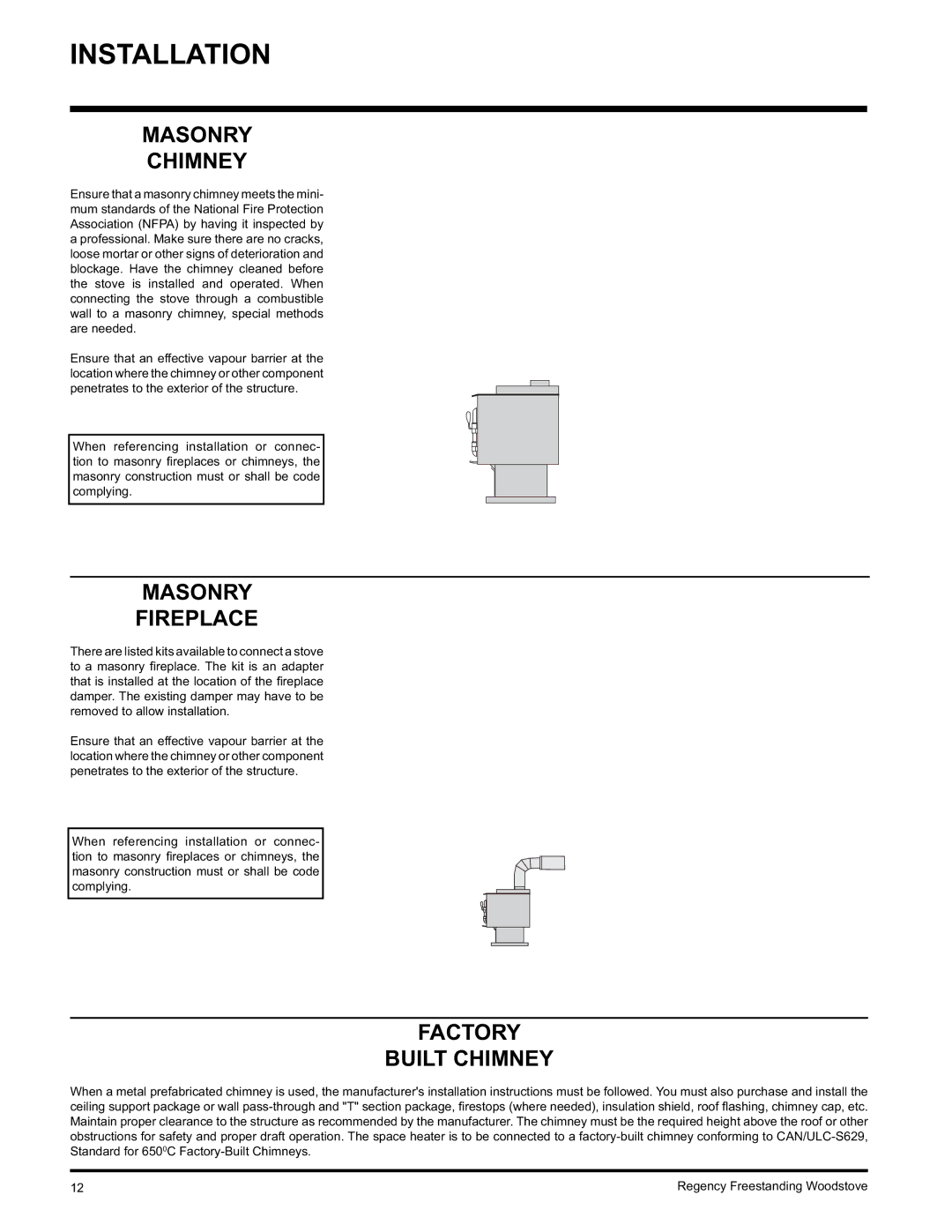 Regency F3100L, F1100S, S3100L installation manual Masonry Chimney, Masonry Fireplace, Factory Built Chimney 