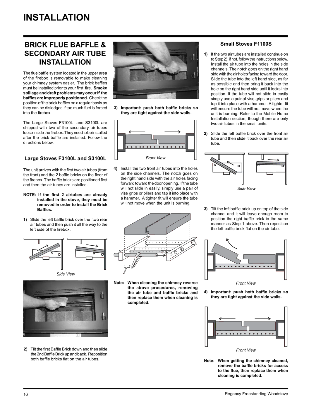 Regency Brick Flue Baffle & Secondary AIR Tube Installation, Large Stoves F3100L and S3100L, Small Stoves F1100S 