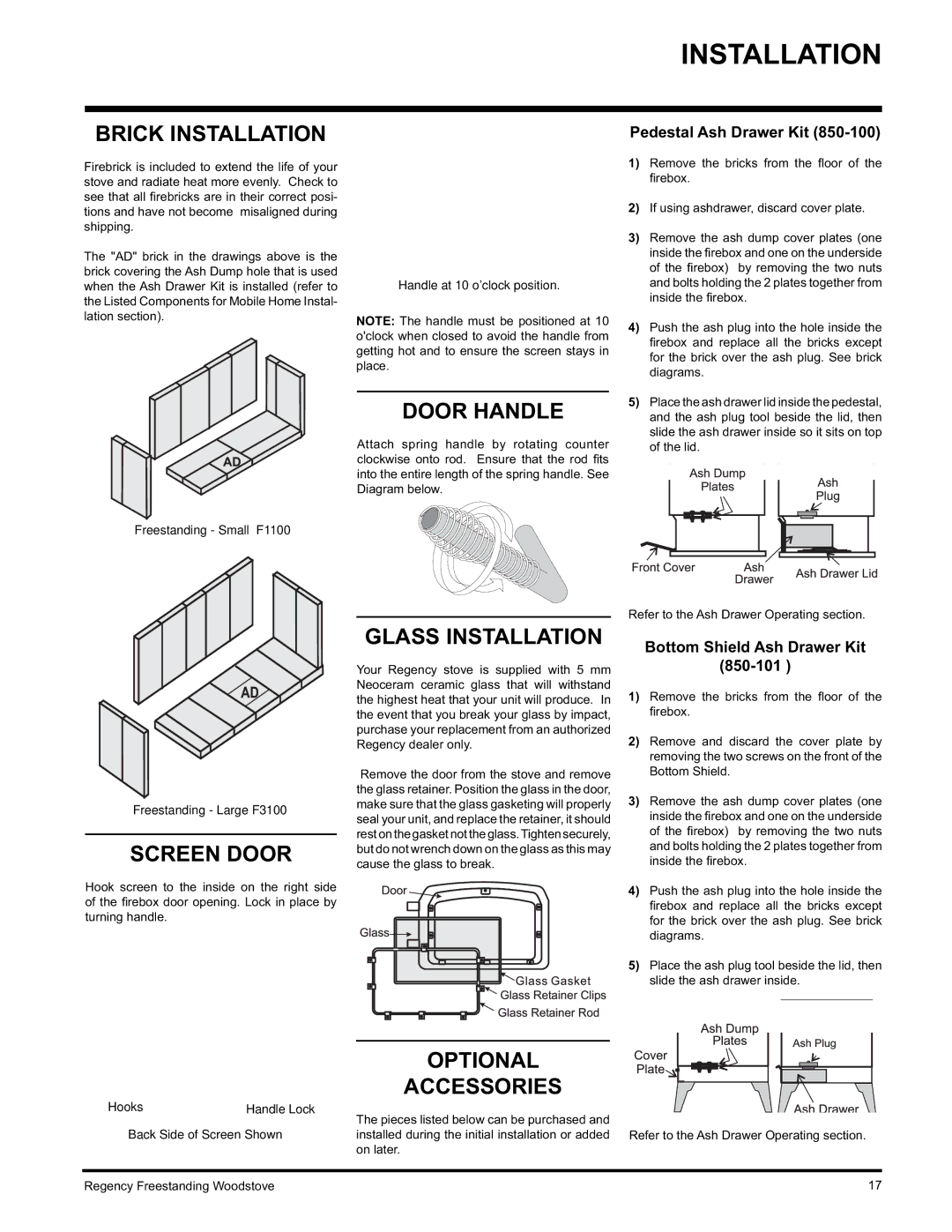 Regency S3100L, F3100L, F1100S Brick Installation, Door Handle, Screen Door, Glass Installation, Optional Accessories 