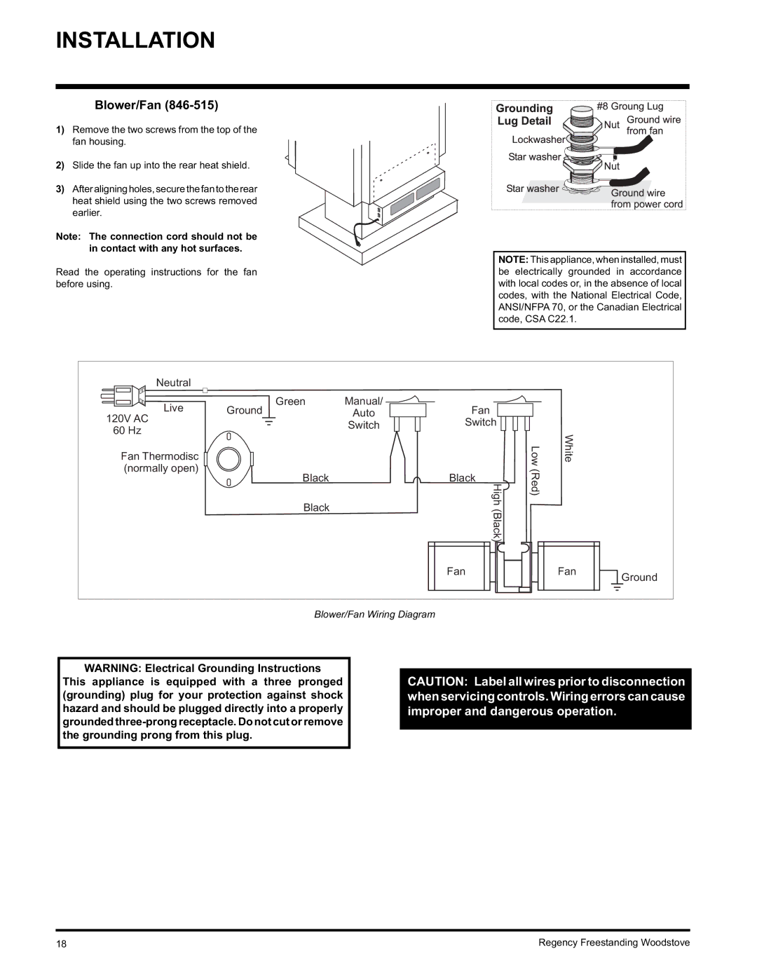 Regency F3100L, F1100S, S3100L installation manual Blower/Fan 