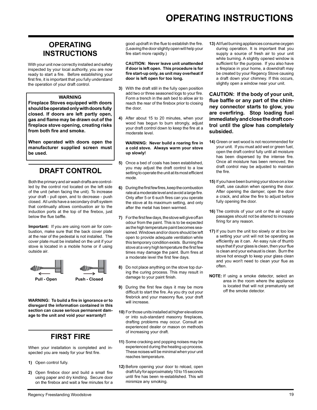 Regency F1100S, F3100L, S3100L installation manual Operating Instructions, Draft Control, First Fire 