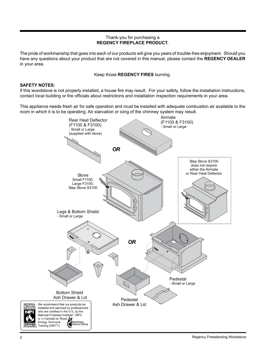 Regency S3100L, F3100L, F1100S installation manual Regency Fireplace Product 