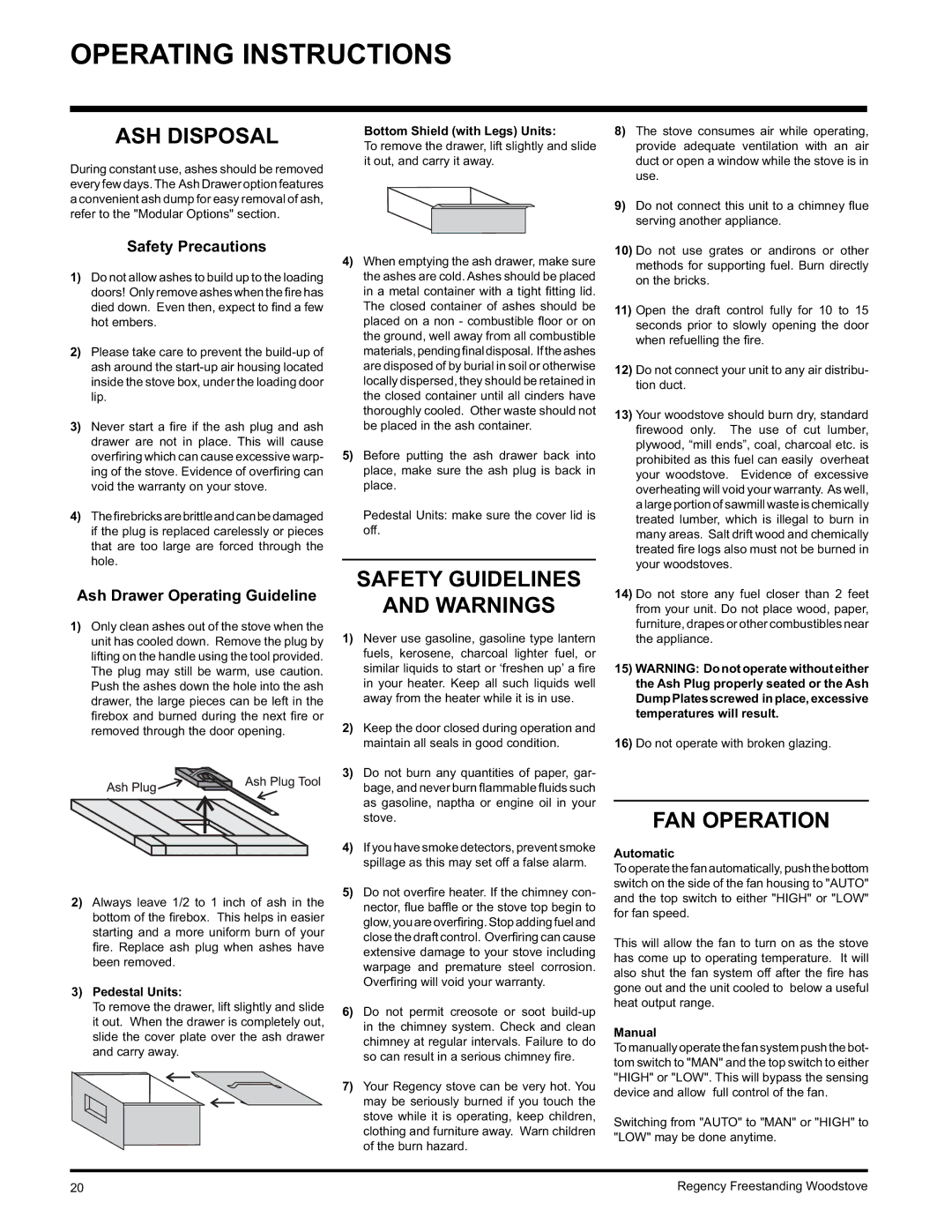 Regency S3100L, F3100L ASH Disposal, Safety Guidelines, FAN Operation, Safety Precautions, Ash Drawer Operating Guideline 