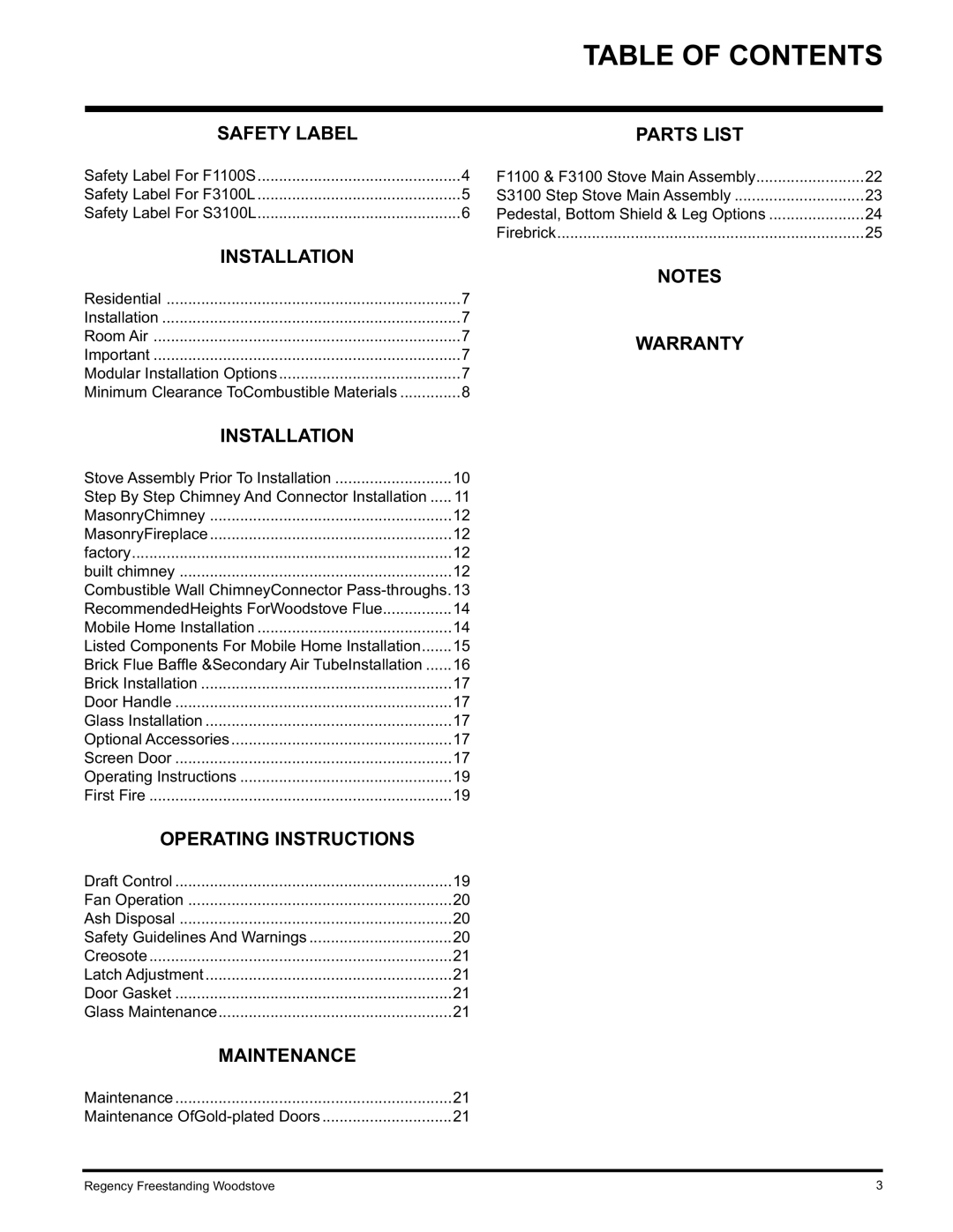 Regency F3100L, F1100S, S3100L installation manual Table of Contents 