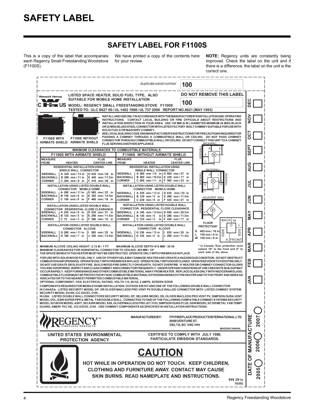 Regency F3100L, S3100L installation manual Safety Label for F1100S 