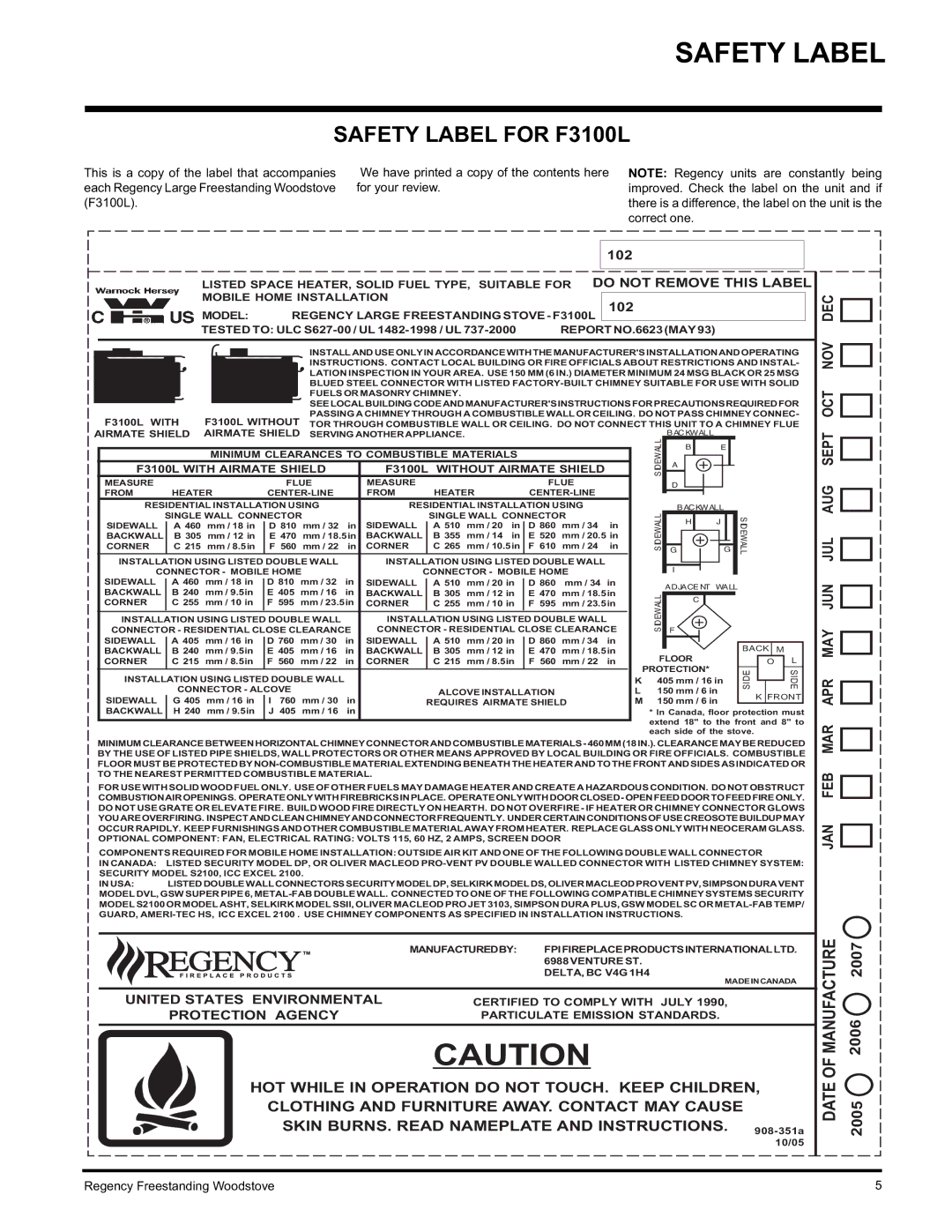 Regency S3100L, F1100S installation manual Safety Label for F3100L, Model Regency Large Freestanding Stove F3100L 