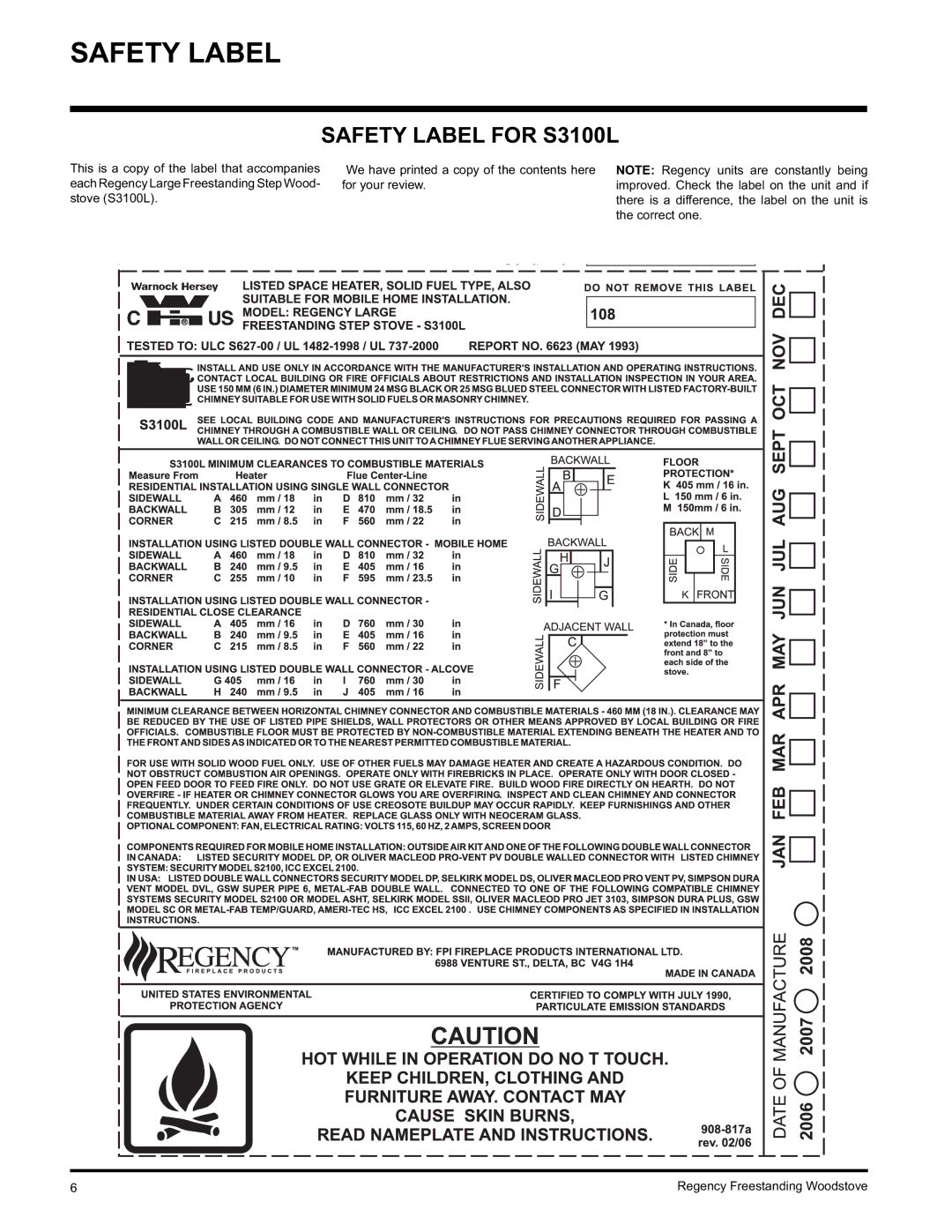 Regency F3100L, F1100S installation manual Safety Label for S3100L 