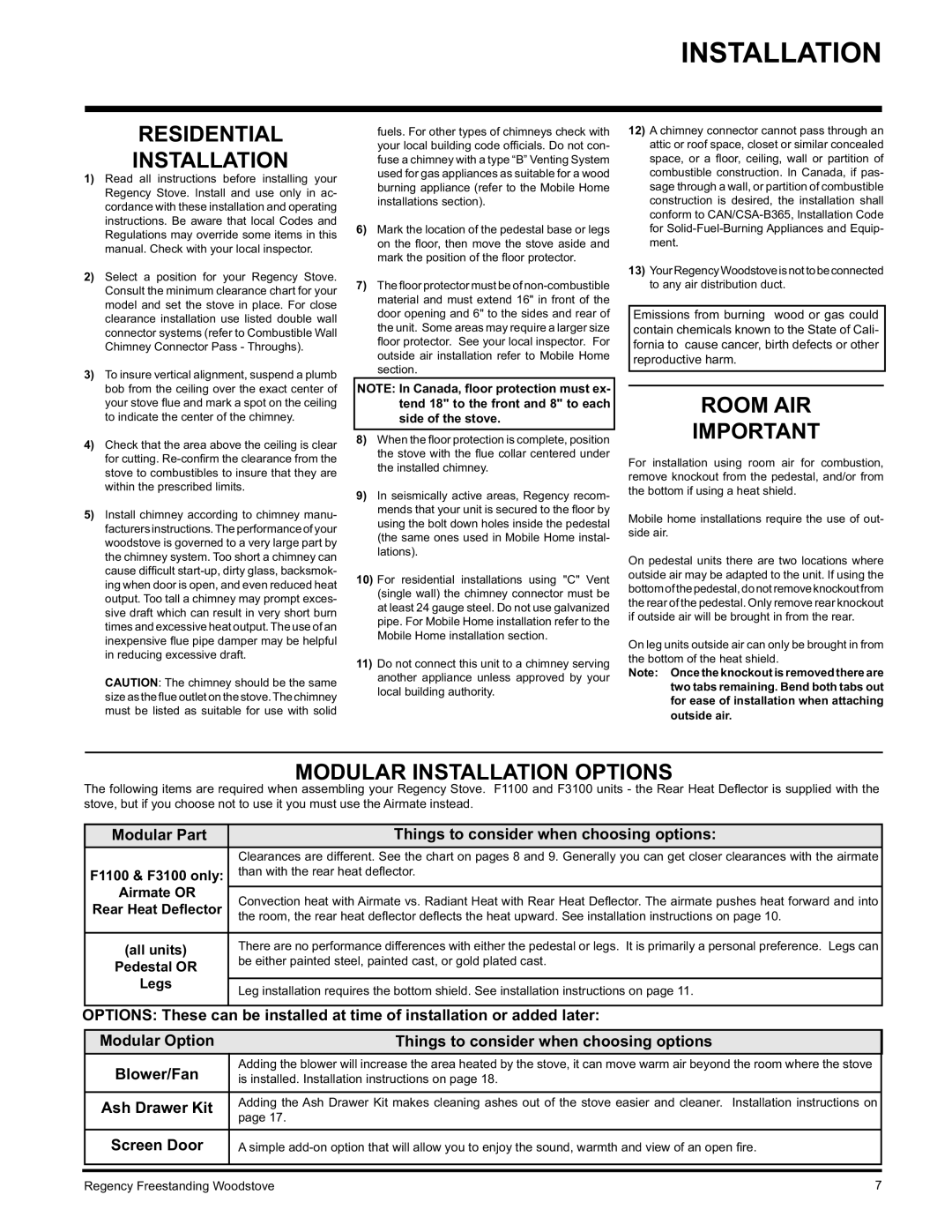 Regency F1100S, F3100L, S3100L installation manual Residential Installation, Room AIR, Modular Installation Options 