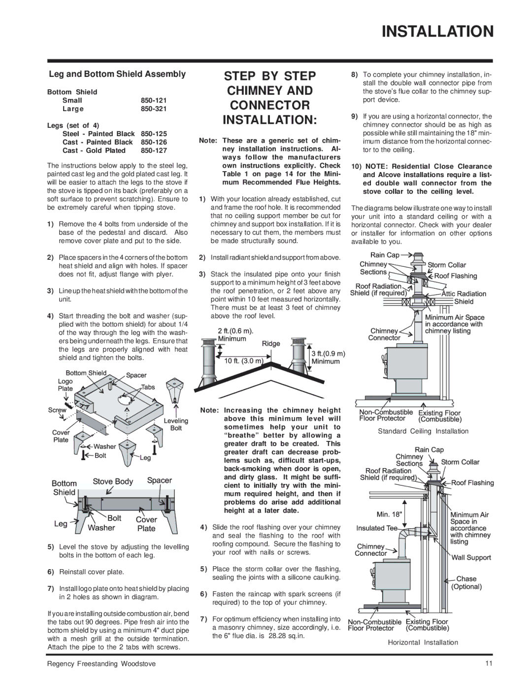 Regency F1100S, F3100L, SC100L Step by Step Chimney Connector Installation, Leg and Bottom Shield Assembly 