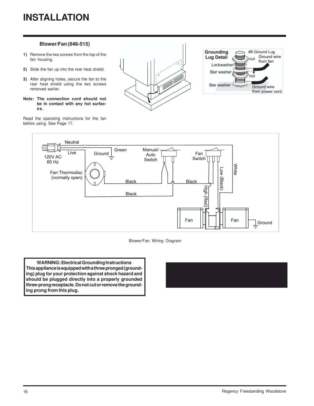 Regency SC100L, F3100L, F1100S installation manual Blower/Fan Wiring Diagram 