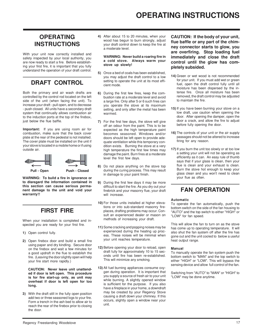 Regency F1100S, F3100L, SC100L installation manual Operating Instructions, Draft Control, First Fire, FAN Operation 