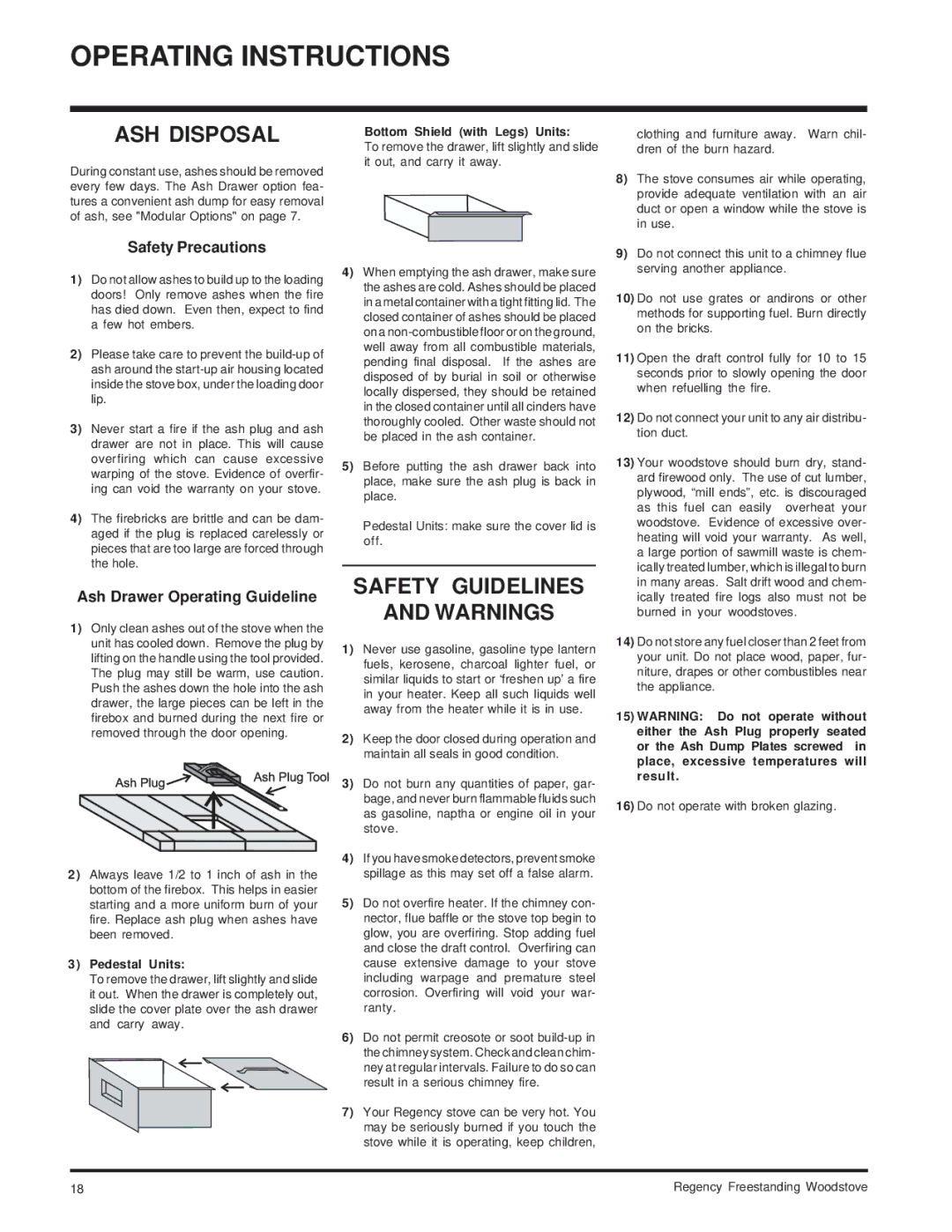 Regency F3100L, SC100L, F1100S ASH Disposal, Safety Guidelines, Safety Precautions, Ash Drawer Operating Guideline 