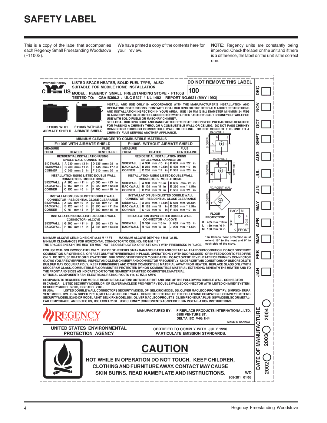 Regency SC100L, F3100L, F1100S installation manual Safety Label, 2003, 2002, 2004 