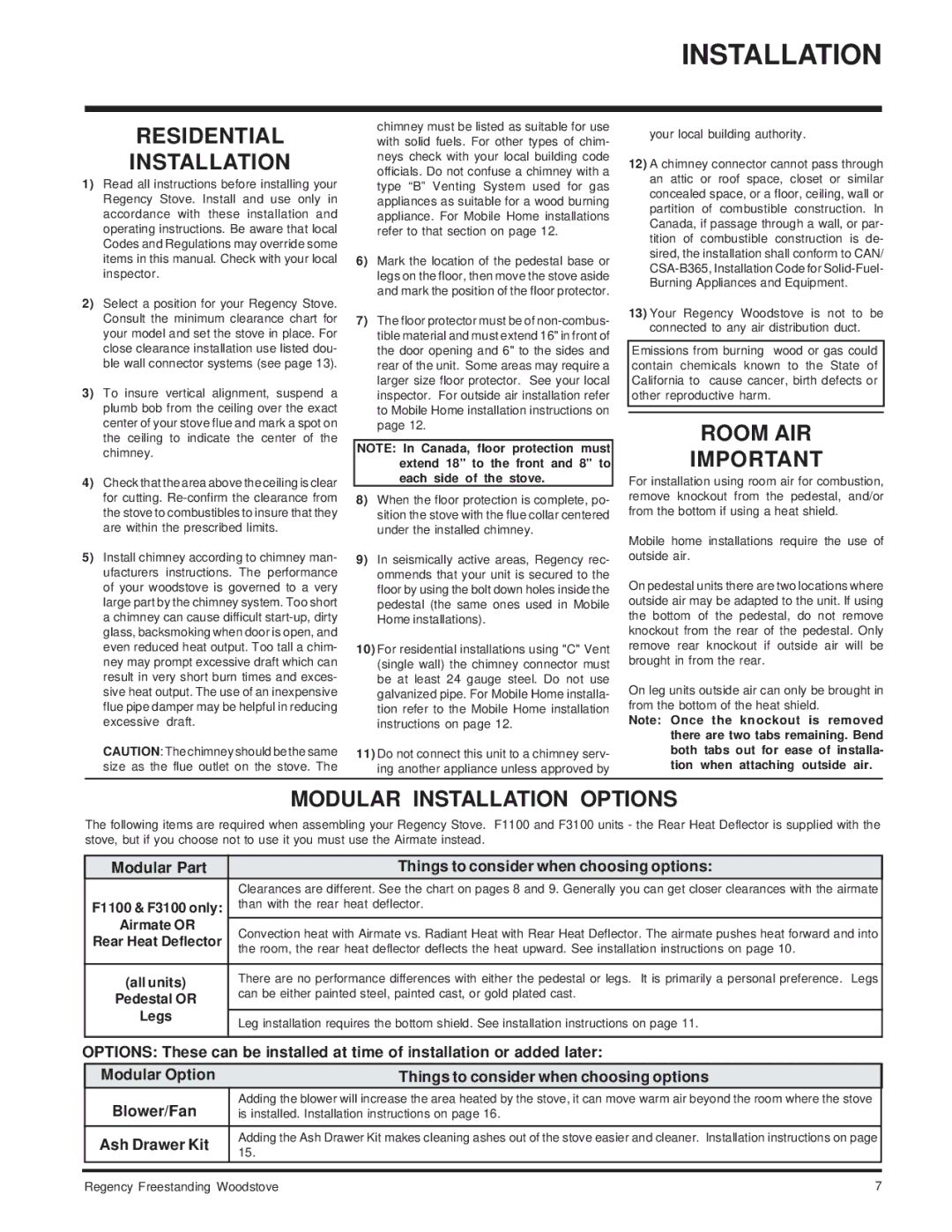 Regency SC100L, F3100L, F1100S installation manual Residential Installation, Room AIR, Modular Installation Options 