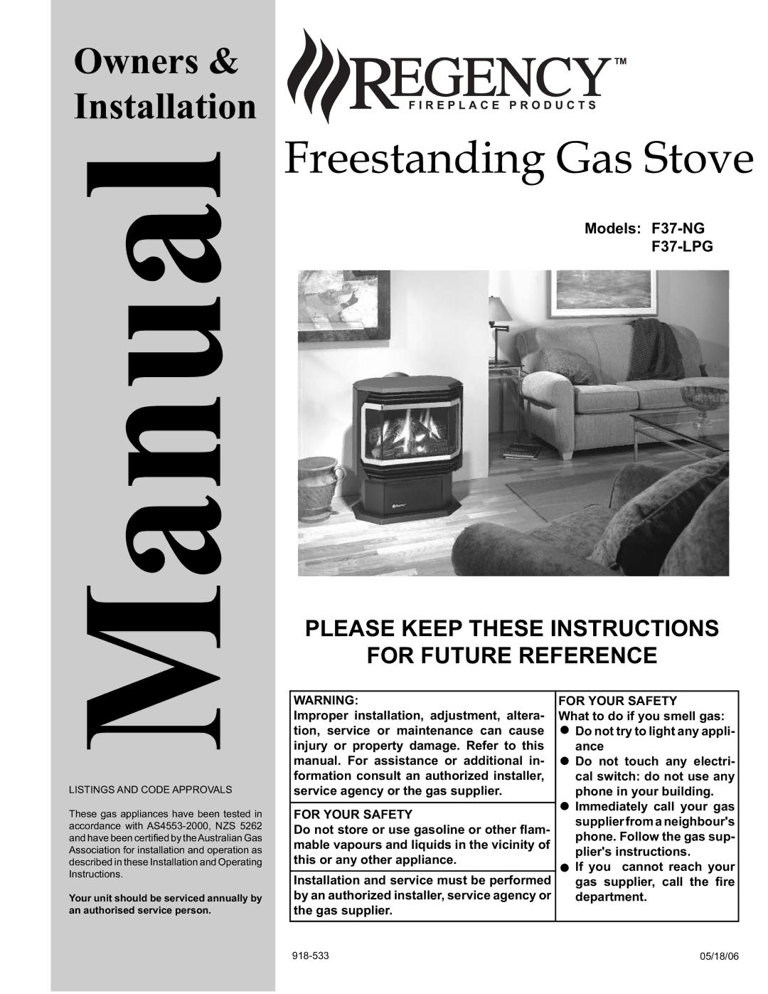 Regency F37-LPG, F37-NG installation manual Manual, Please Keep These Instructions For Future Reference 