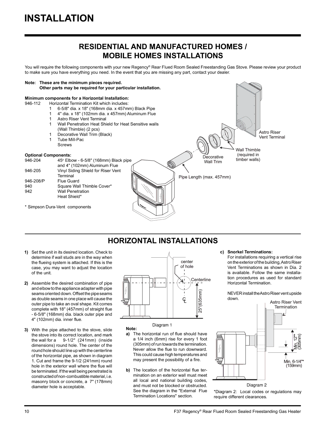 Regency F37-NG, F37-LPG installation manual Horizontal Installations, Optional Components, Snorkel Terminations 