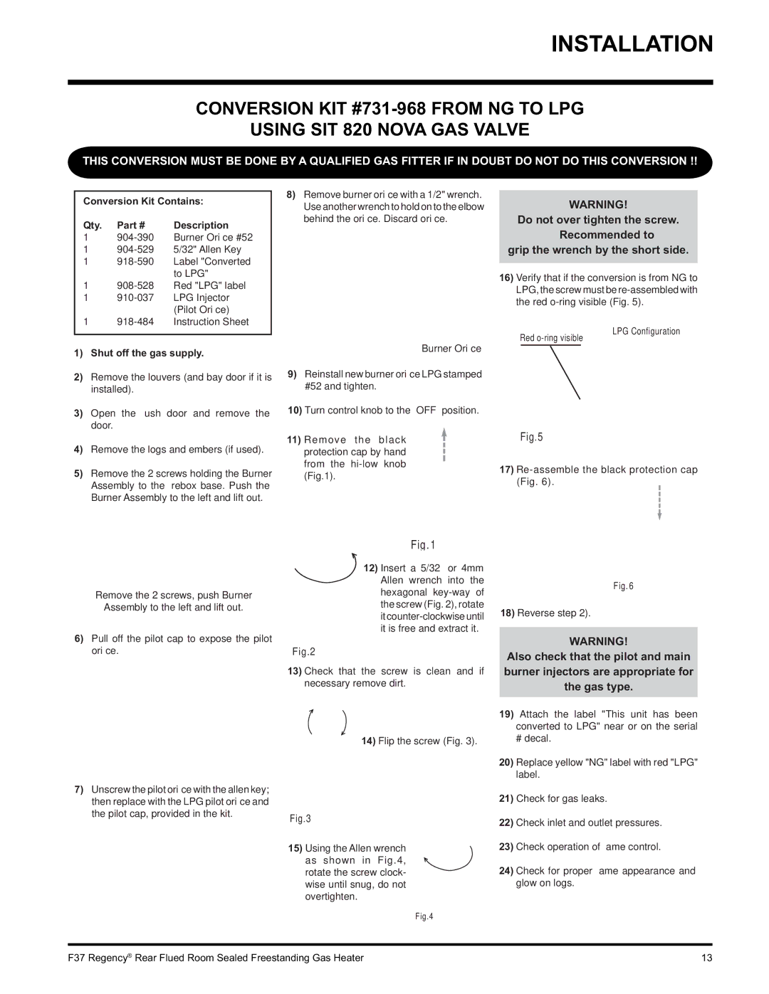 Regency F37-LPG, F37-NG installation manual Conversion Kit Contains Qty Description 