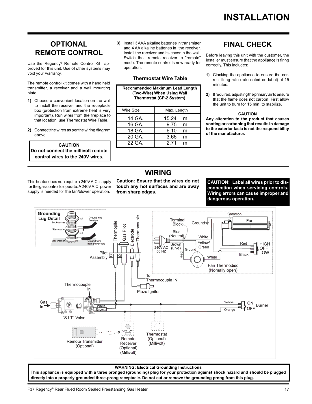 Regency F37-LPG, F37-NG installation manual Optional Remote Control, Final Check, Wiring, Thermostat Wire Table 