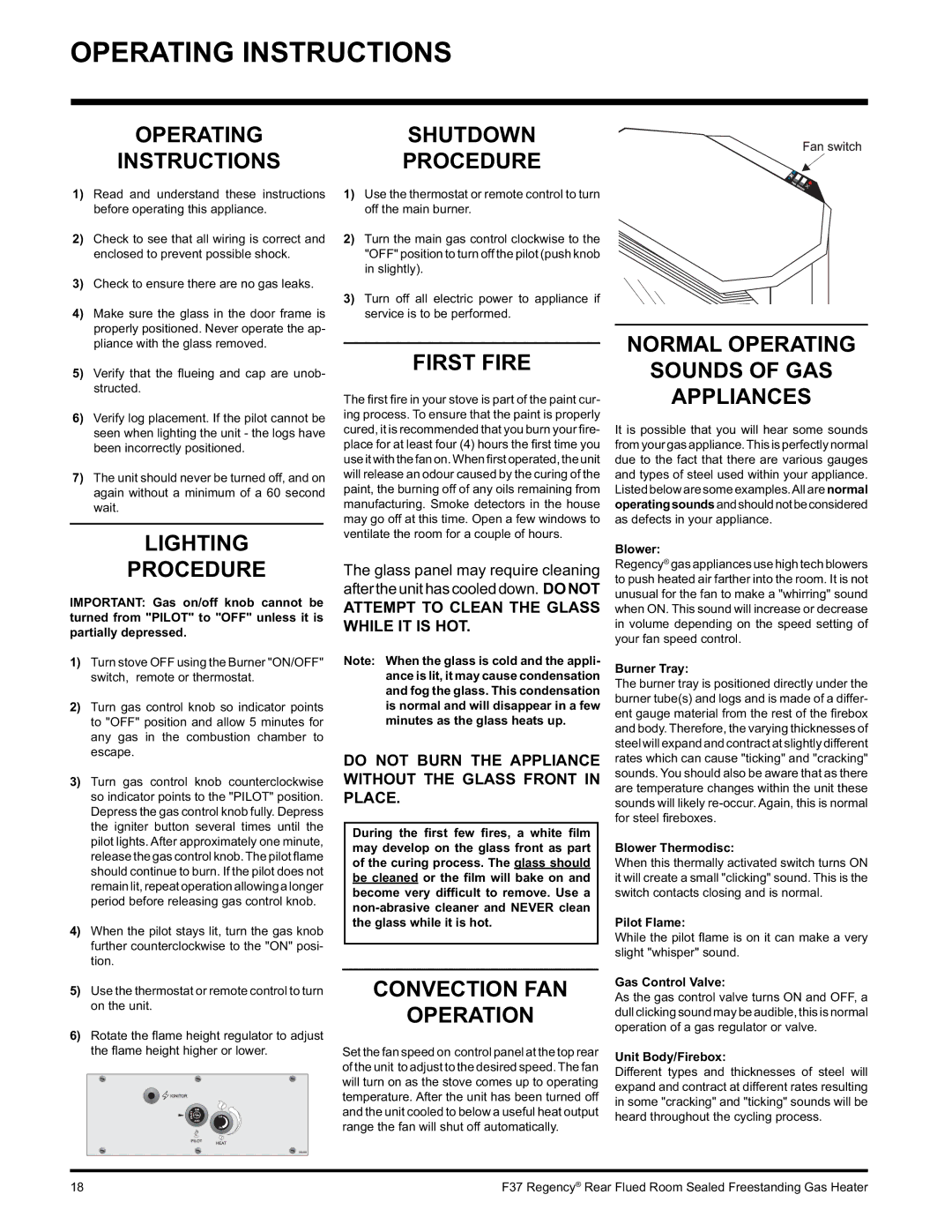 Regency F37-NG, F37-LPG installation manual Operating Instructions 