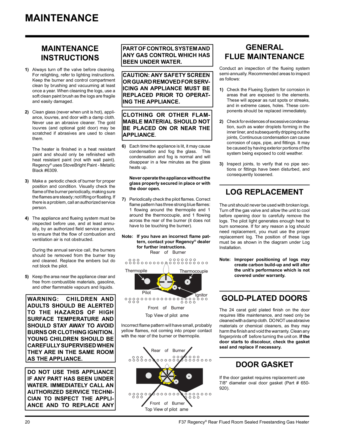 Regency F37-NG, F37-LPG installation manual Maintenance 