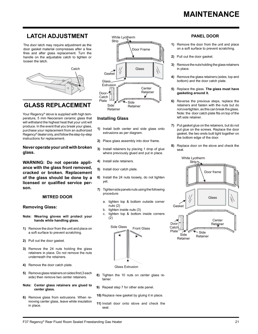 Regency F37-LPG, F37-NG Latch Adjustment, Glass Replacement, Never operate your unit with broken glass, Removing Glass 