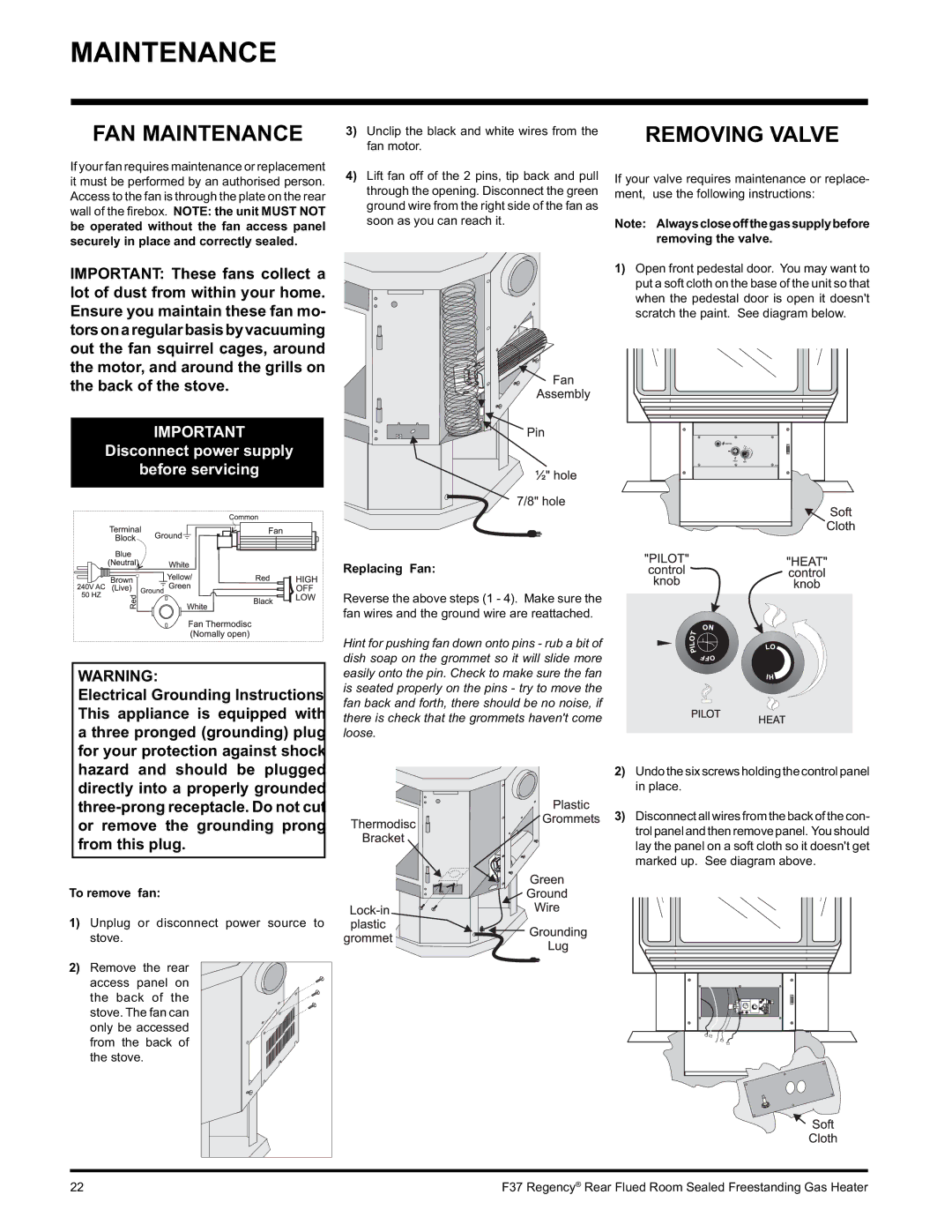 Regency F37-NG, F37-LPG installation manual FAN Maintenance, Removing Valve, To remove fan, Replacing Fan 