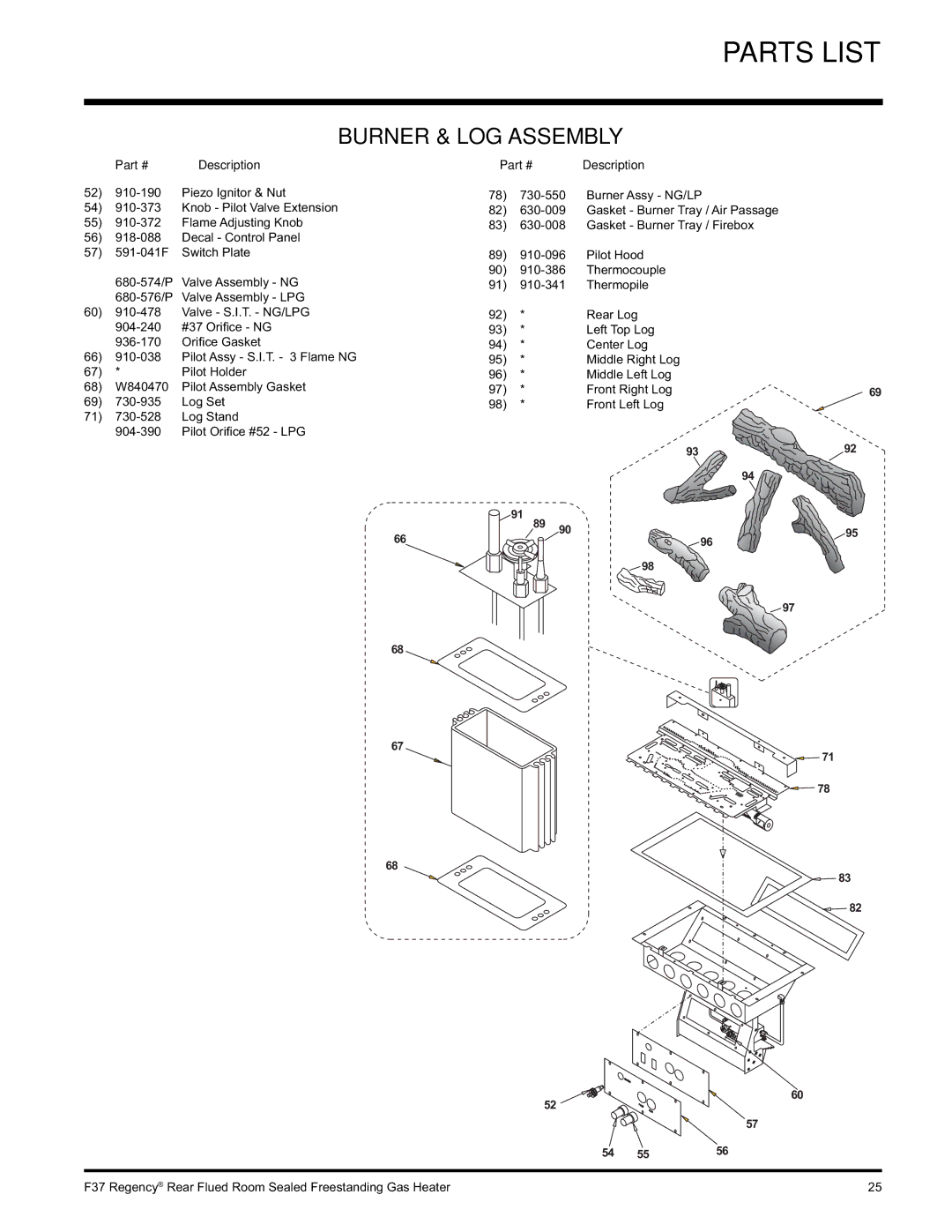 Regency F37-LPG, F37-NG installation manual Burner & LOG Assembly 