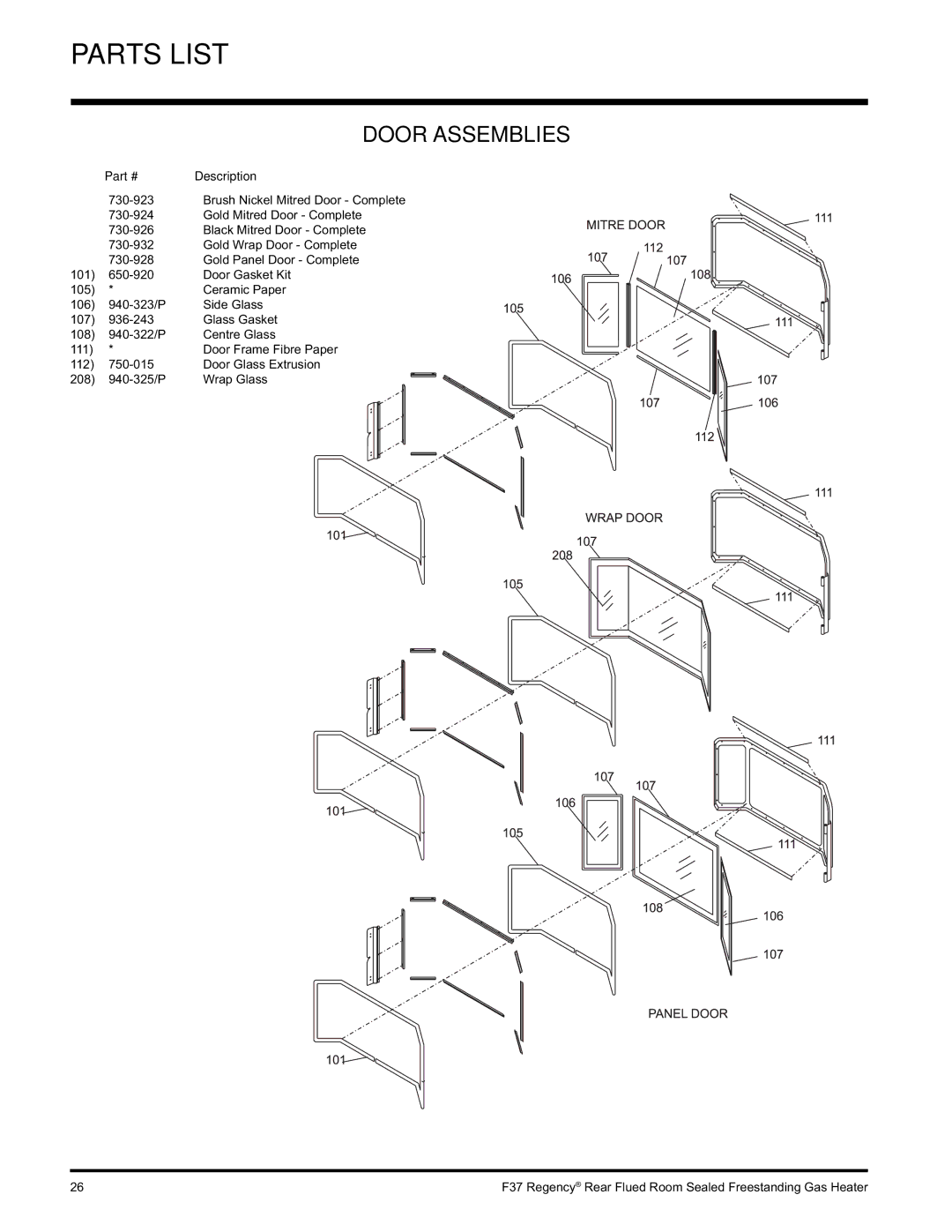 Regency F37-NG, F37-LPG installation manual Door Assemblies 