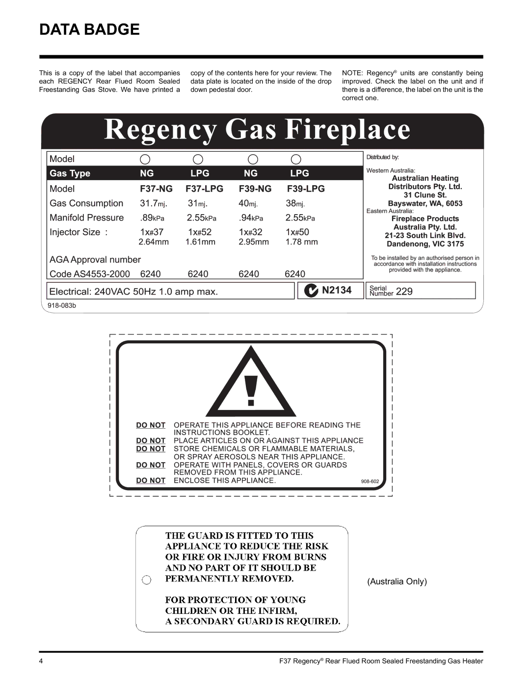 Regency F37-NG, F37-LPG installation manual Data Badge 