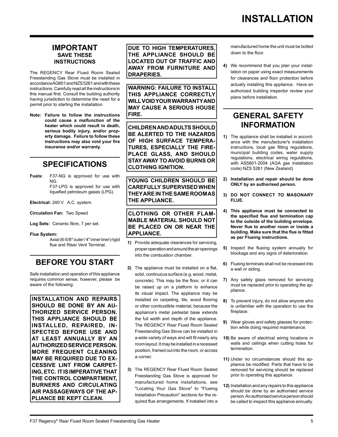 Regency F37-LPG, F37-NG installation manual Installation, Specifications, Before YOU Start, General Safety Information 