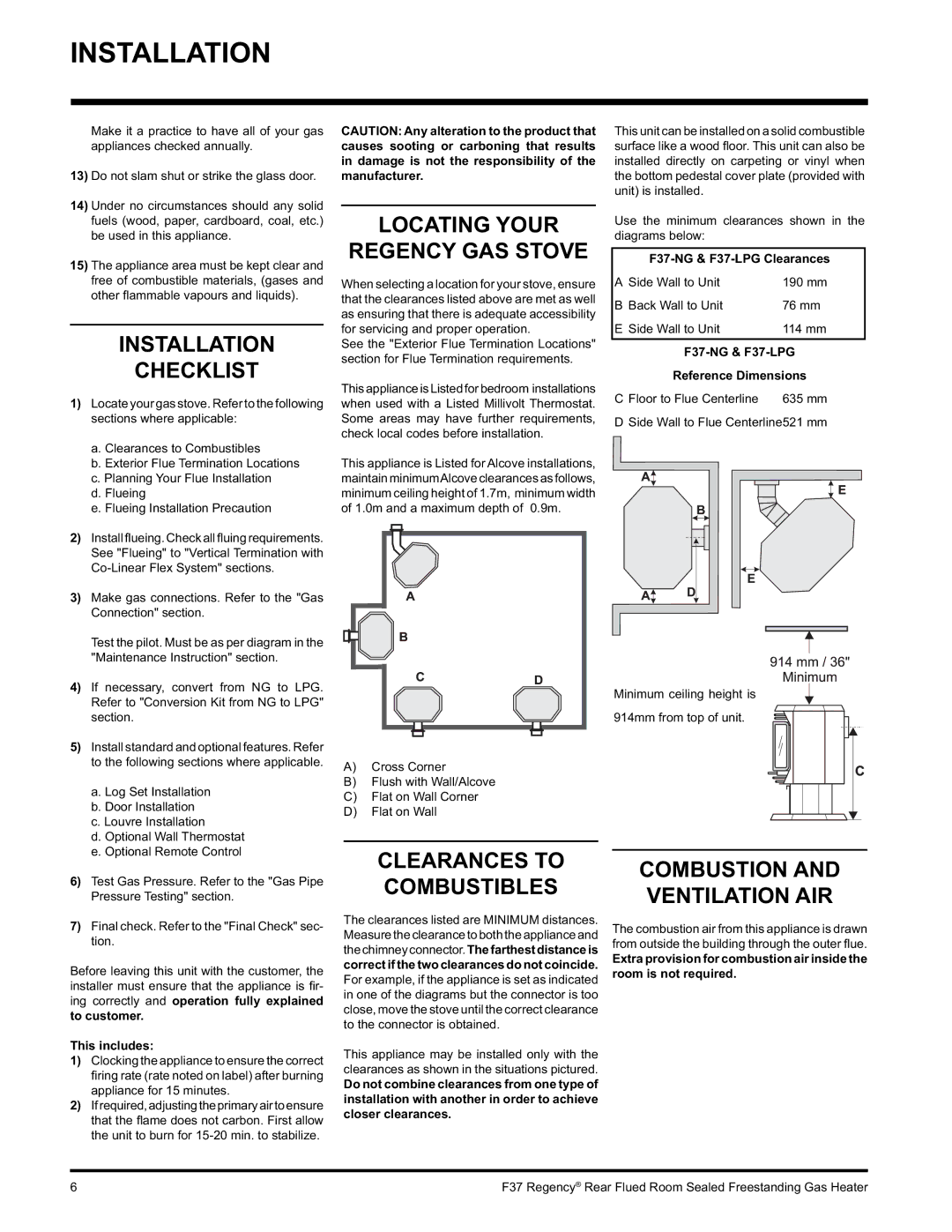 Regency F37-NG, F37-LPG Installation Checklist, Locating Your Regency GAS Stove, Clearances to Combustibles 