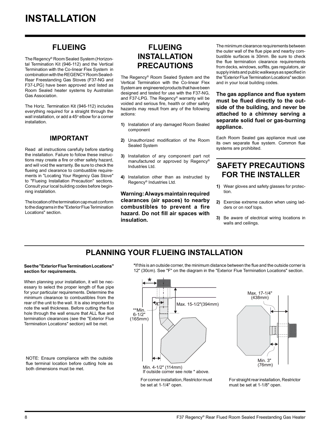 Regency F37-NG, F37-LPG installation manual Flueing Installation Precautions, Safety Precautions For the Installer 