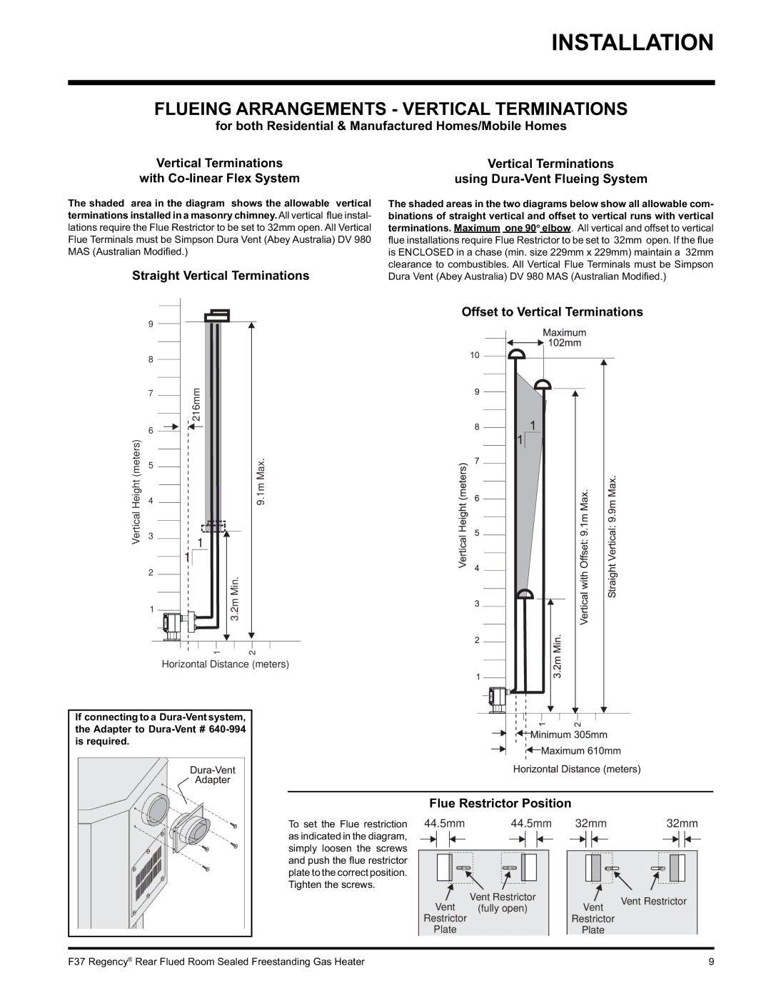 Regency F37-LPG Flueing Arrangements Vertical Terminations, Straight Vertical Terminations, Flue Restrictor Position 