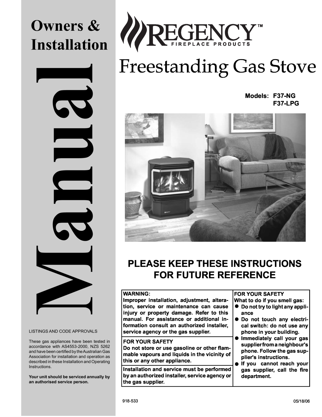 Regency installation manual Please Keep These Instructions, For Future Reference, Models F37-NG F37-LPG, Manual 
