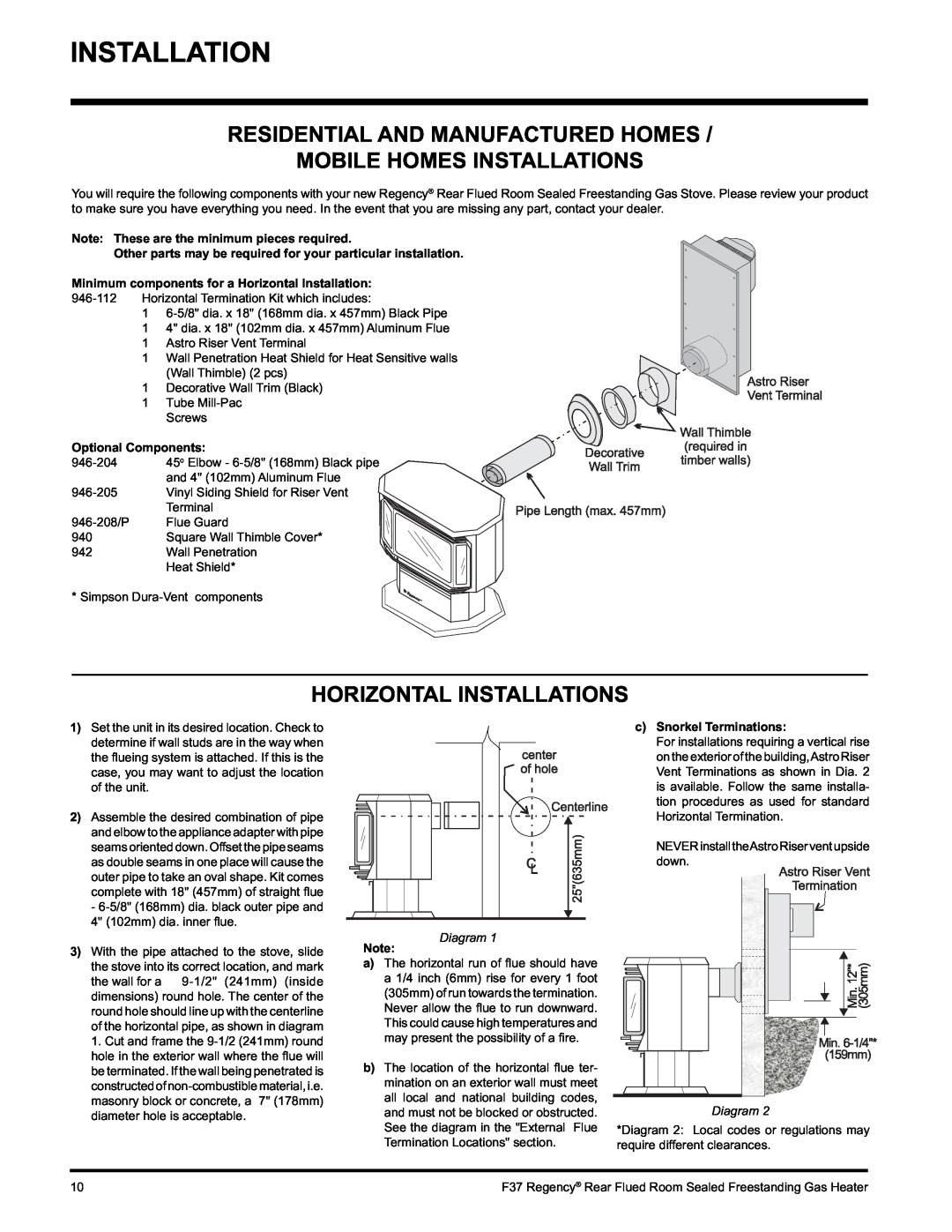 Regency F37-NG, F37-LPG Residential And Manufactured Homes, Mobile Homes Installations, Horizontal Installations, Diagram 
