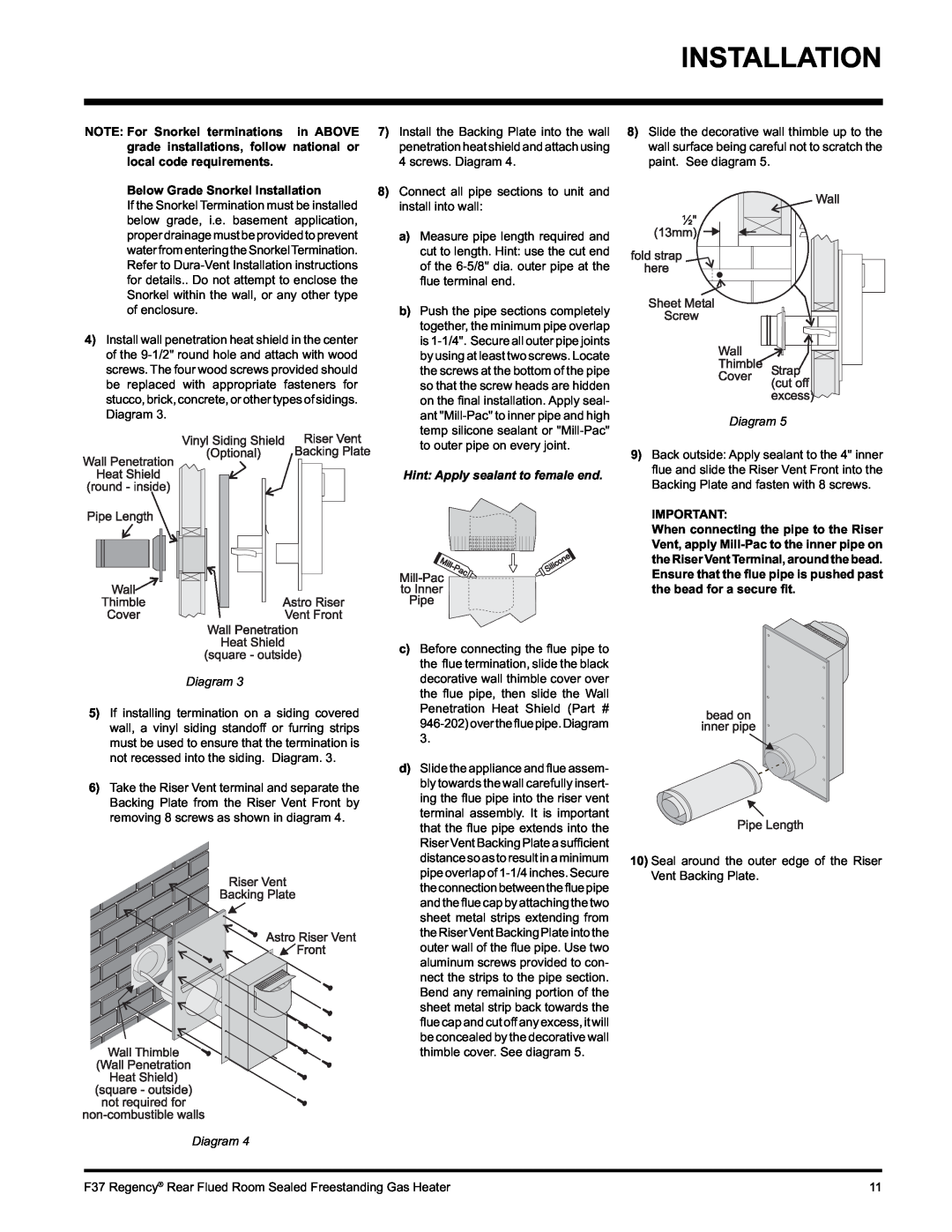 Regency F37-LPG, F37-NG installation manual Installation, Diagram, Hint Apply sealant to female end 
