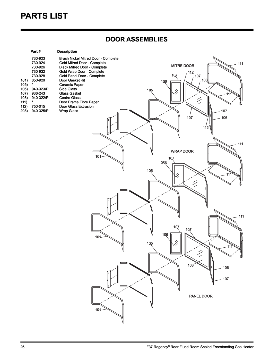 Regency F37-NG, F37-LPG installation manual Door Assemblies, Parts List 