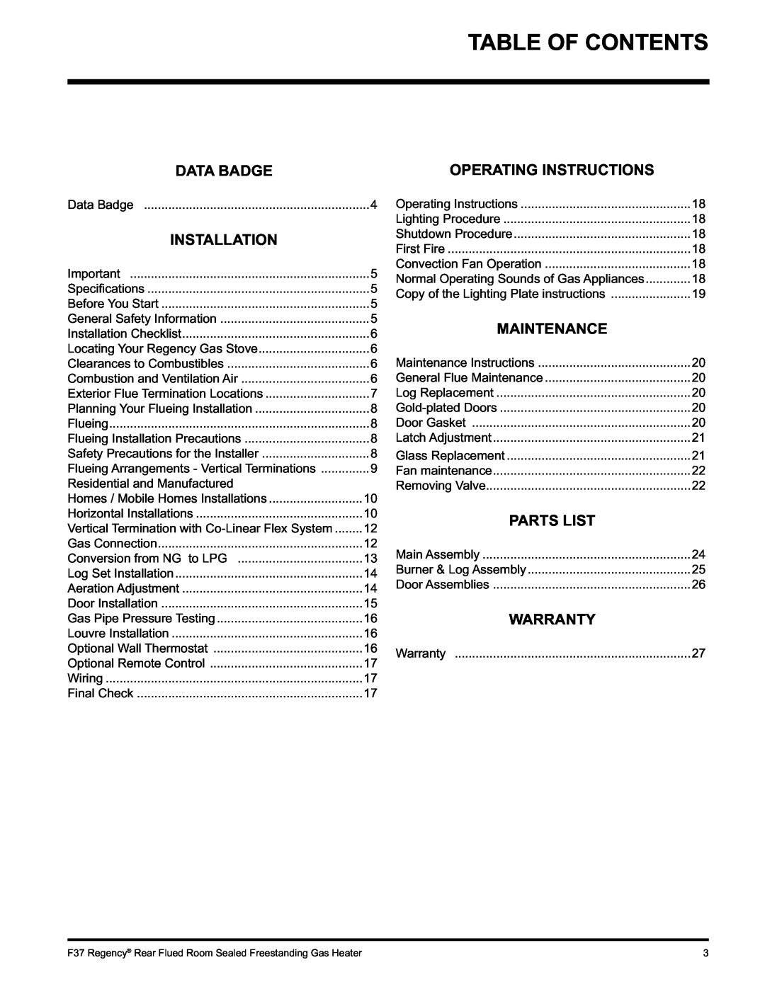 Regency F37-LPG Table Of Contents, Data Badge, Installation, Maintenance, Parts List, Warranty, Operating Instructions 