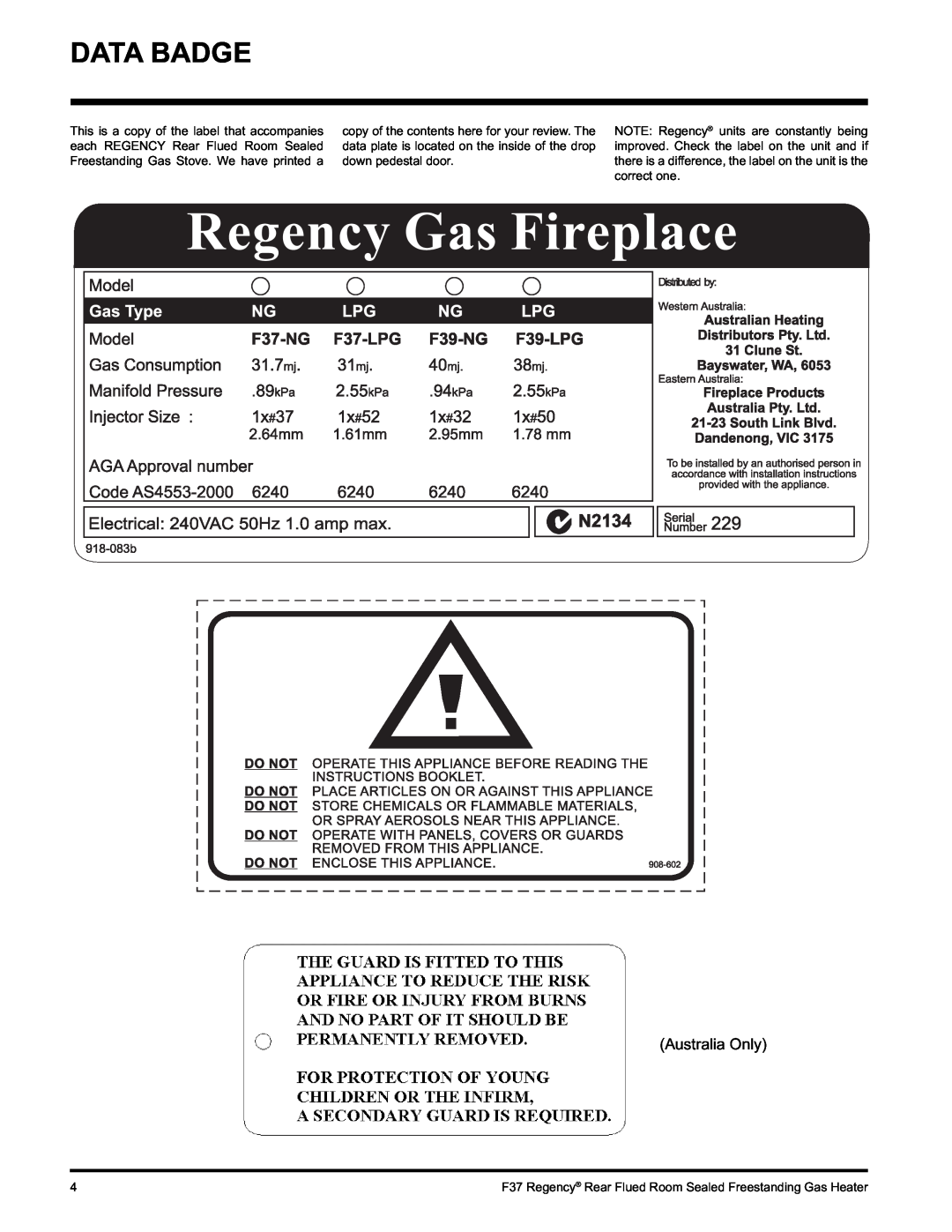 Regency F37-NG, F37-LPG installation manual Data Badge, Australia Only 