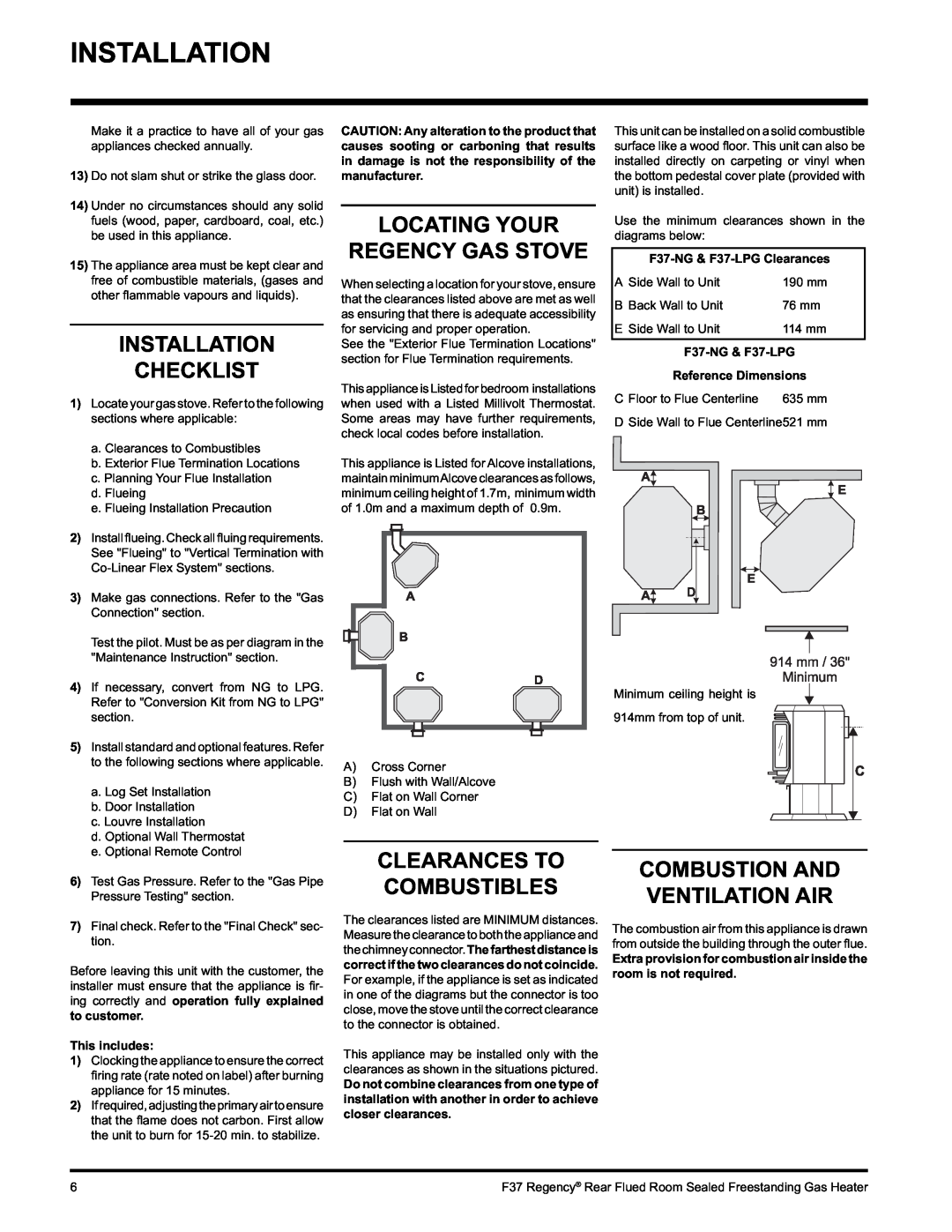 Regency F37-NG, F37-LPG Installation Checklist, Locating Your Regency Gas Stove, Clearances To Combustibles 