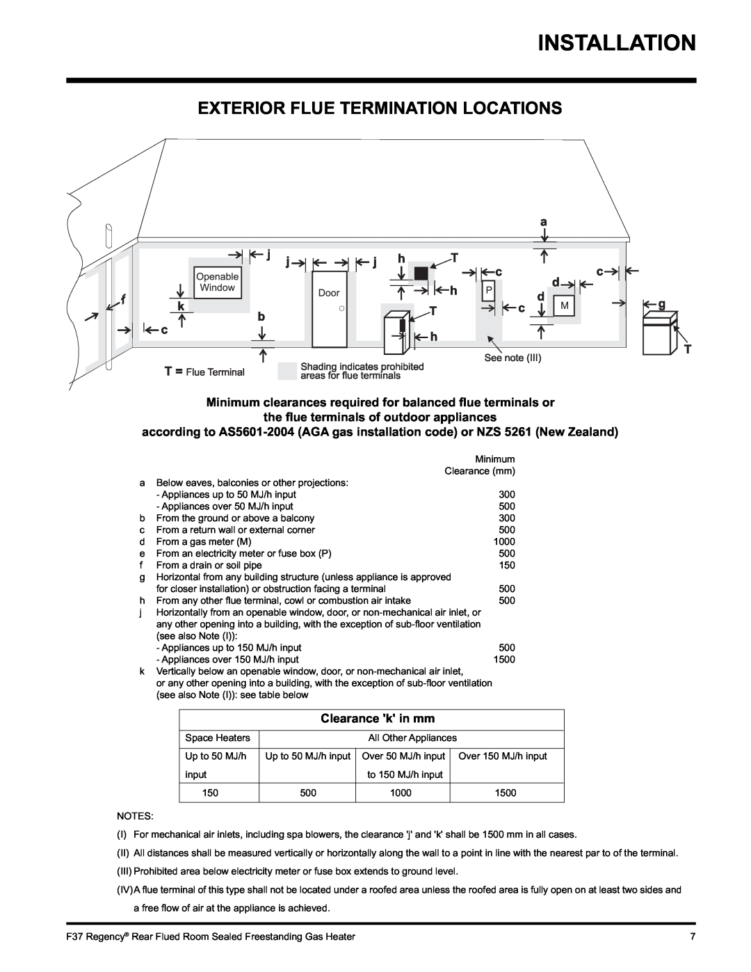 Regency F37-LPG, F37-NG Exterior Flue Termination Locations, Installation, the ﬂue terminals of outdoor appliances 