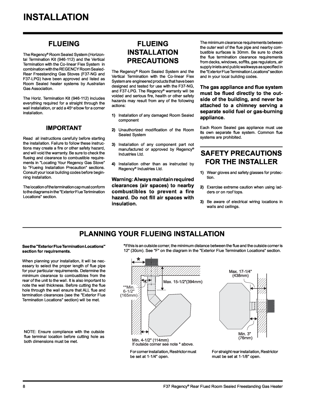 Regency F37-NG, F37-LPG installation manual Flueing Installation Precautions, Safety Precautions For The Installer 
