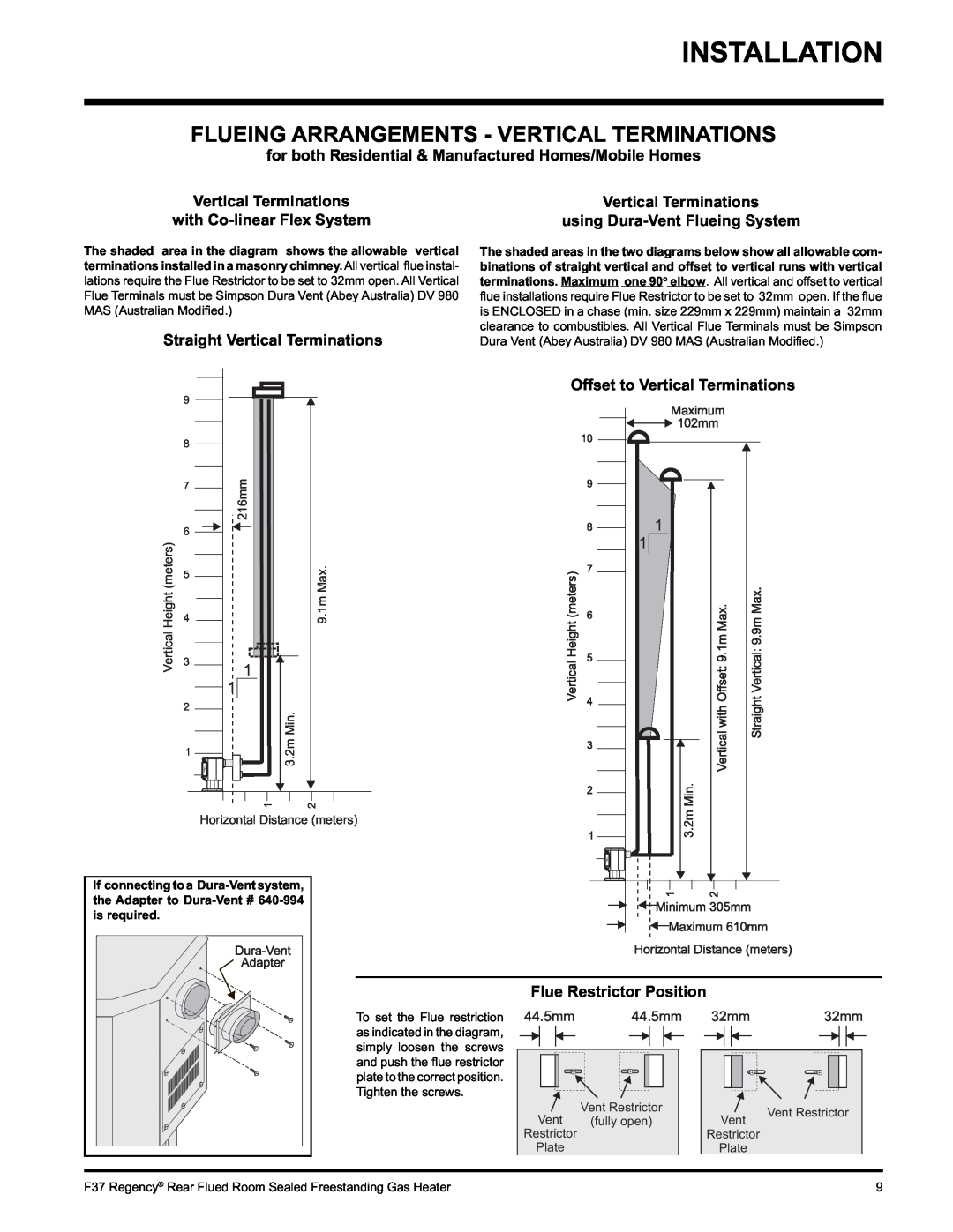 Regency F37-LPG, F37-NG installation manual Flueing Arrangements - Vertical Terminations, Installation, 44.5mm, 32mm 