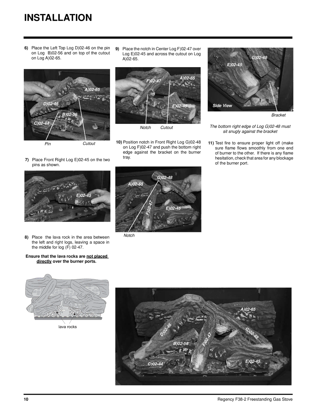 Regency F38-NG2, F38-LPG2 installation manual F02-47 A02-65 D02-46 E02-45 B02-56 C02-44 